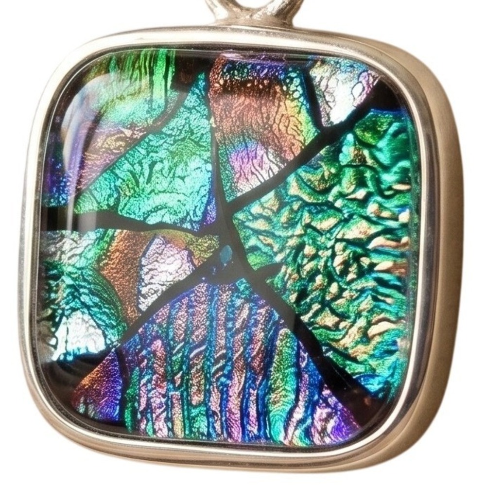 Vintage 925 Sterling Silver Dichroic‎ Fused Art Glass Square Pendant 11.22g